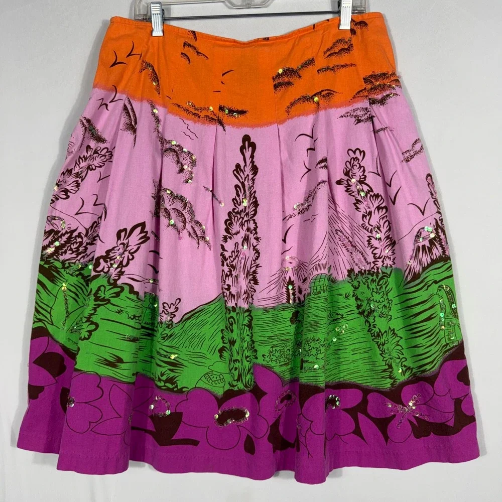 Vtg Y2K Bisou Bisou Michele Bohbot Sequin Landscape Print Skirt Pink 12 Tropical